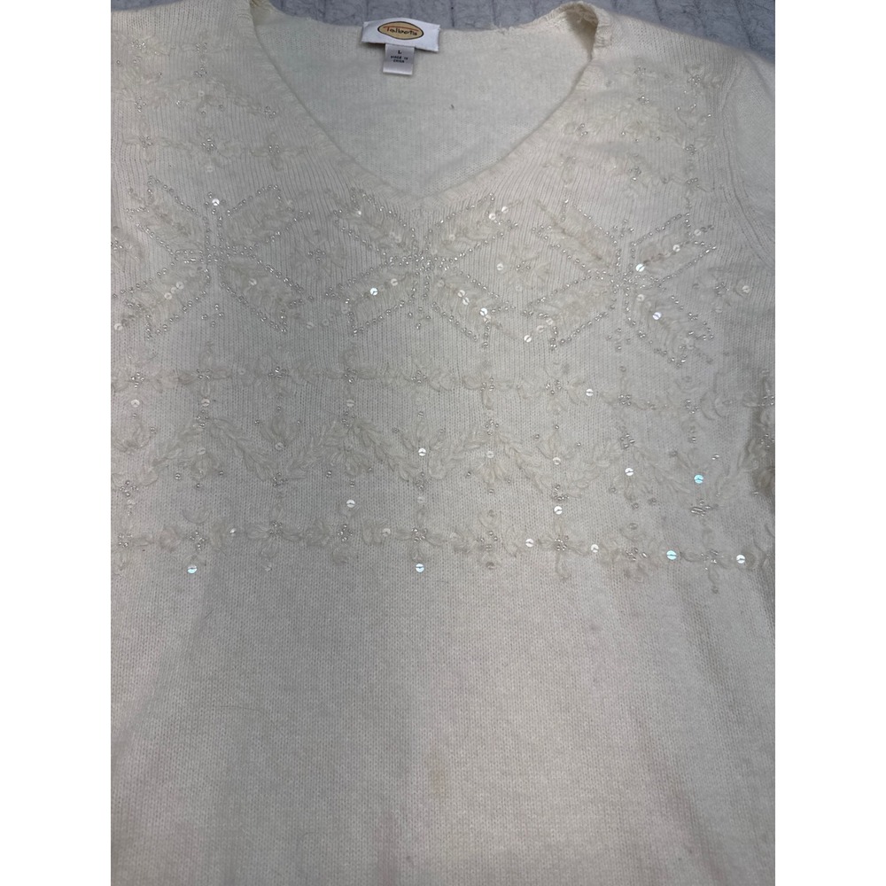 Talbots Womens Ivory Lambswool Angora Cashmere Sequin Snowflake Sweater Large
